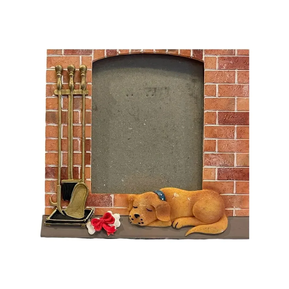 Sleeping Dog In Front Of Fireplace Holiday Christmas Photo Frame